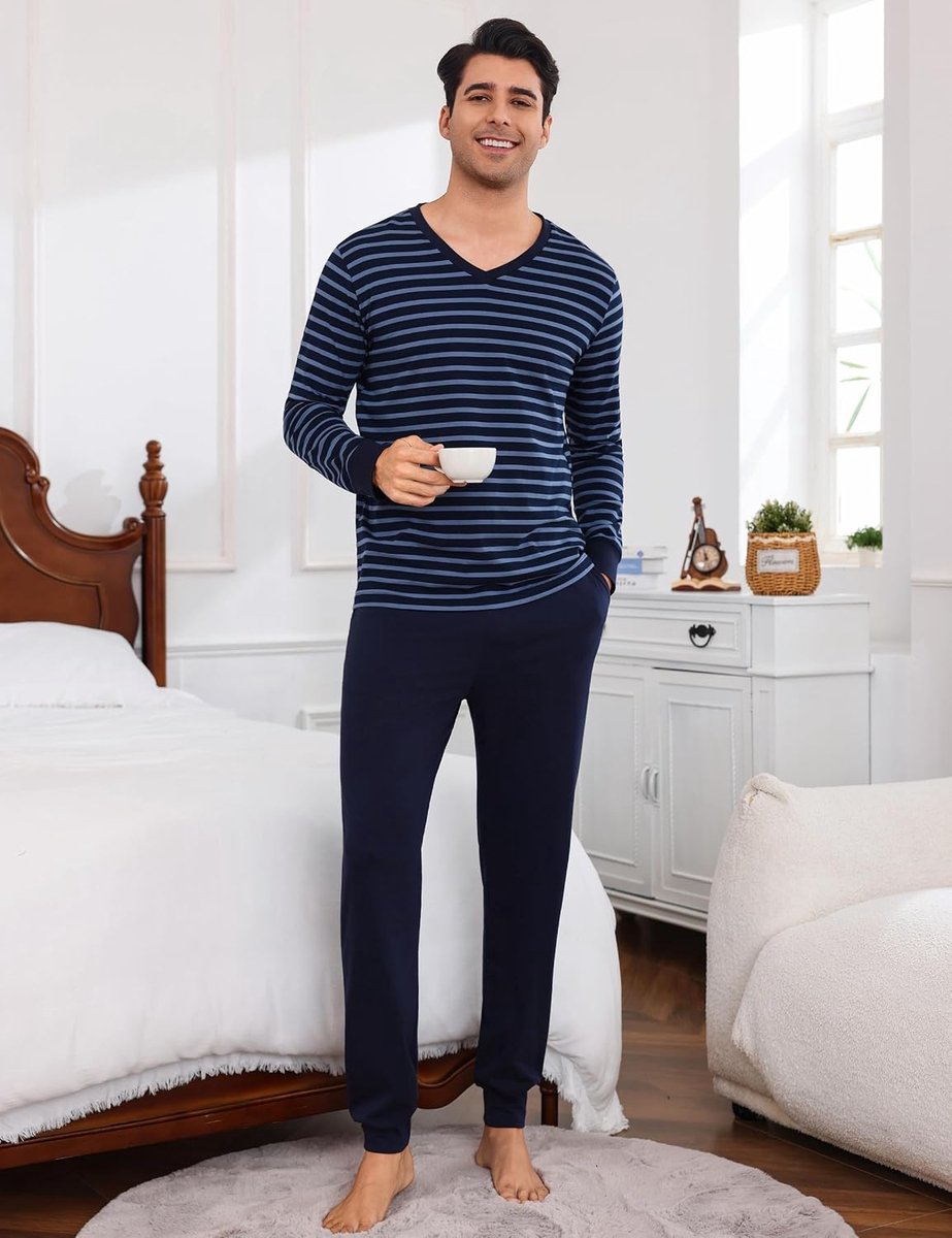 Pyjama voor heren, lang, van katoen met manchetten, tweedelige V-hals, pyjama, set winterpyjama's voor mannen, Blauw M197, M