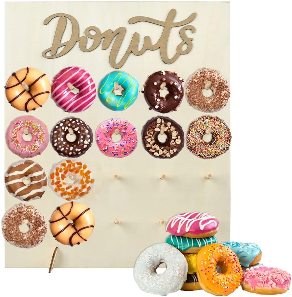Donutmuur, wanddisplay dienblad herbruikbare donuthouder, houten donutmuurbeugel voor feestbenodigdheden, bruiloften, verjaardagen, taartdecoratie (20 gaten)
