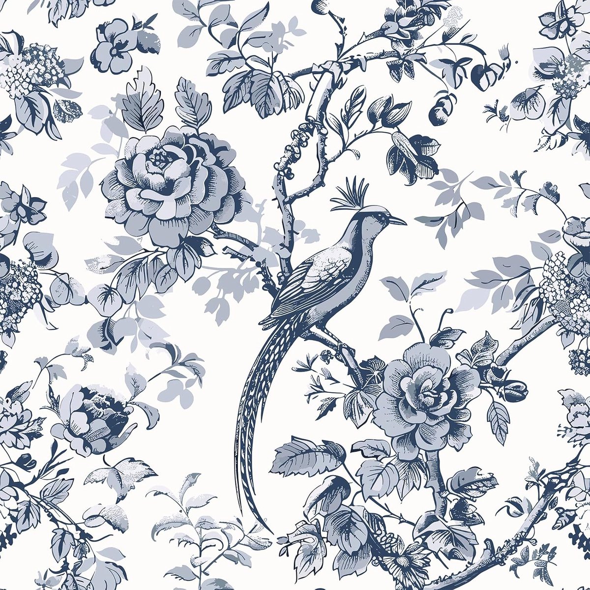 Behang patroon blauw vogel fotobehang zelfklevend behang bloemen vintage vogel bloemenbehang 44,5 cm x 300 cm Chinees patroonbehang voor slaapkamer badkamer plakfolie meubels afneembaar