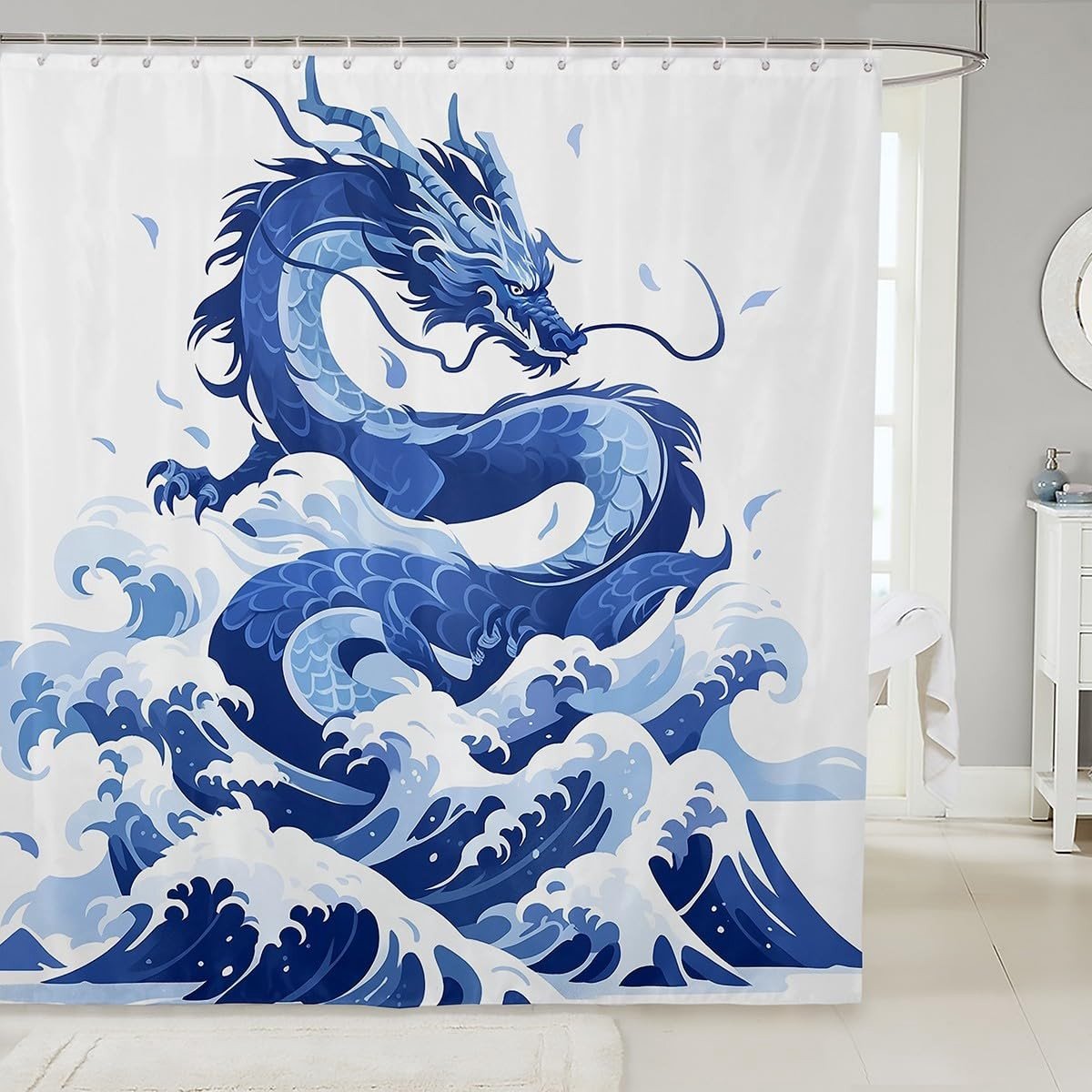 Omgoods - Draken Douchegordijn voor Kinderen 180 x 180 cm met Haken