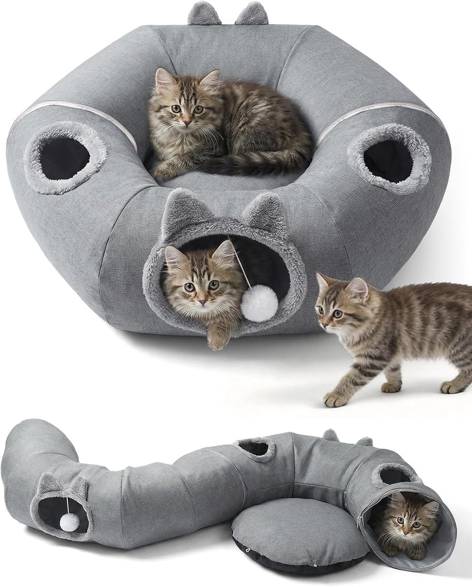 3-in-1 kattentunnel, rond | Ademend linnen, uitneembaar bed, voor de zomer, S-vormig verstelbaar, voor katten en konijnen