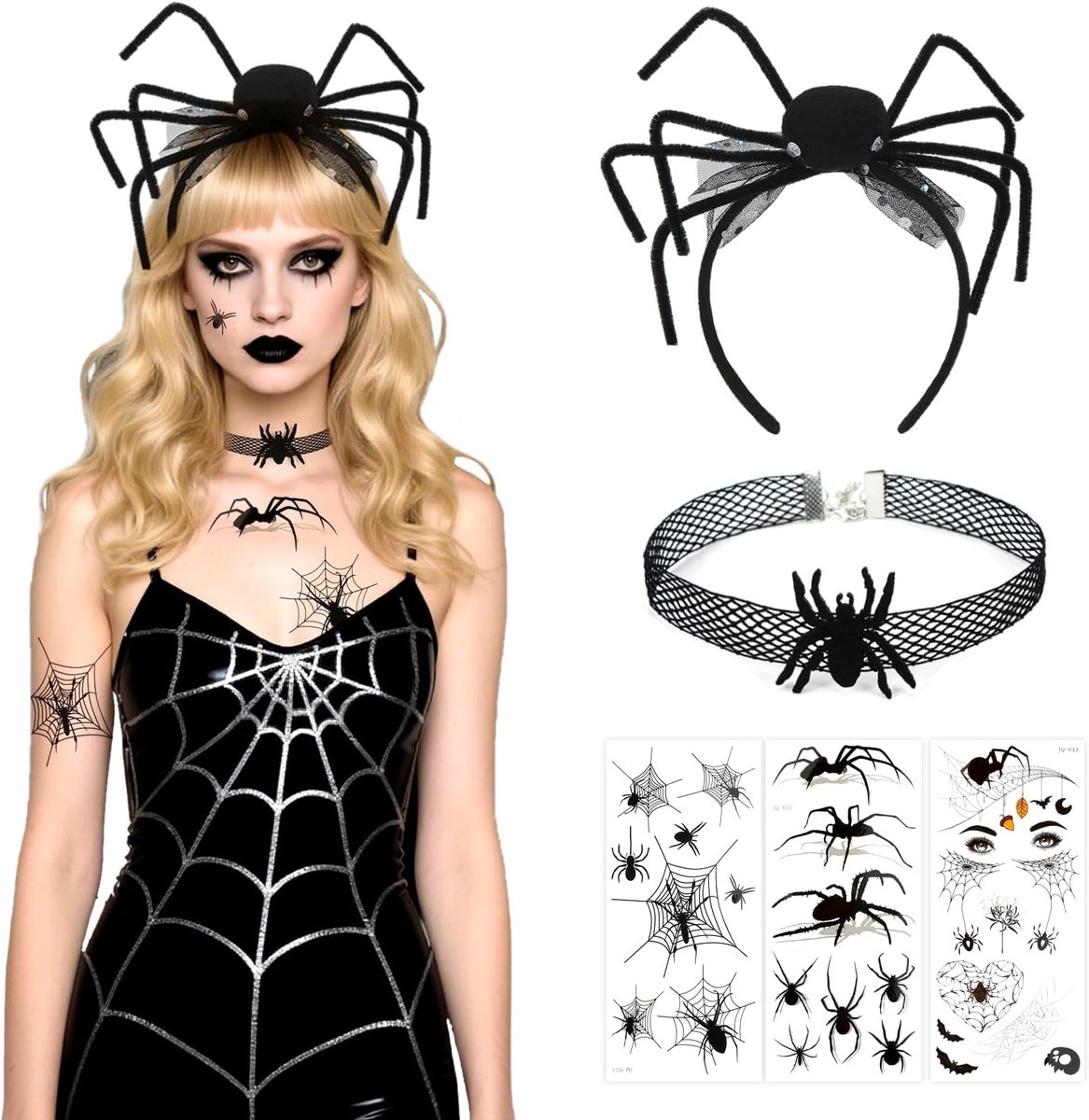 Halloween haarband, spinnenhaarband met tatoeages, halsketting, Halloween-hoofdtooi voor kinderen, dames, spinnenkostuum, accessoires voor carnaval, cosplay