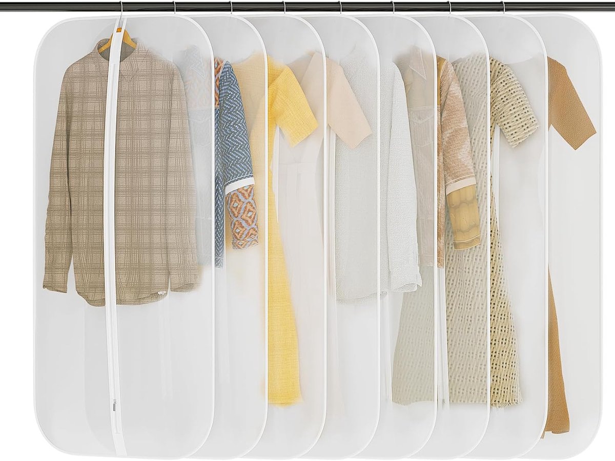 Kledingzak 8 stuks 60 cm x 120 cm lang transparant pak: kledingzakken met ritssluiting voor pakken jurken overhemden jassen kleding opslag wit