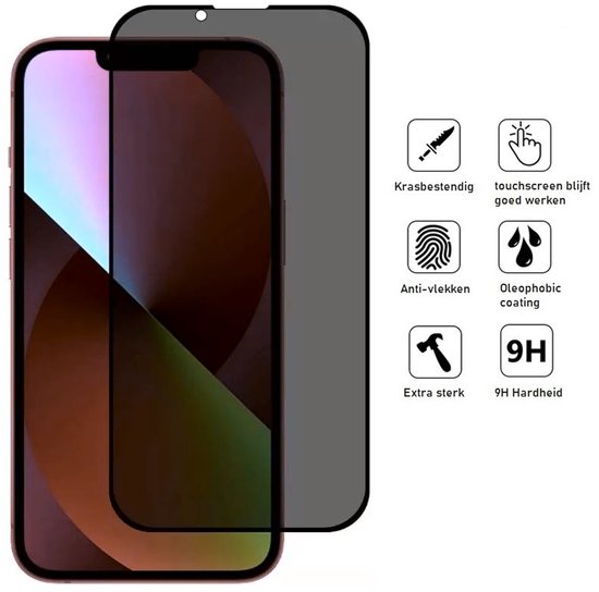Privacy screenprotector naast een roze iPhone 14 Plus, met iconen voor functies.
