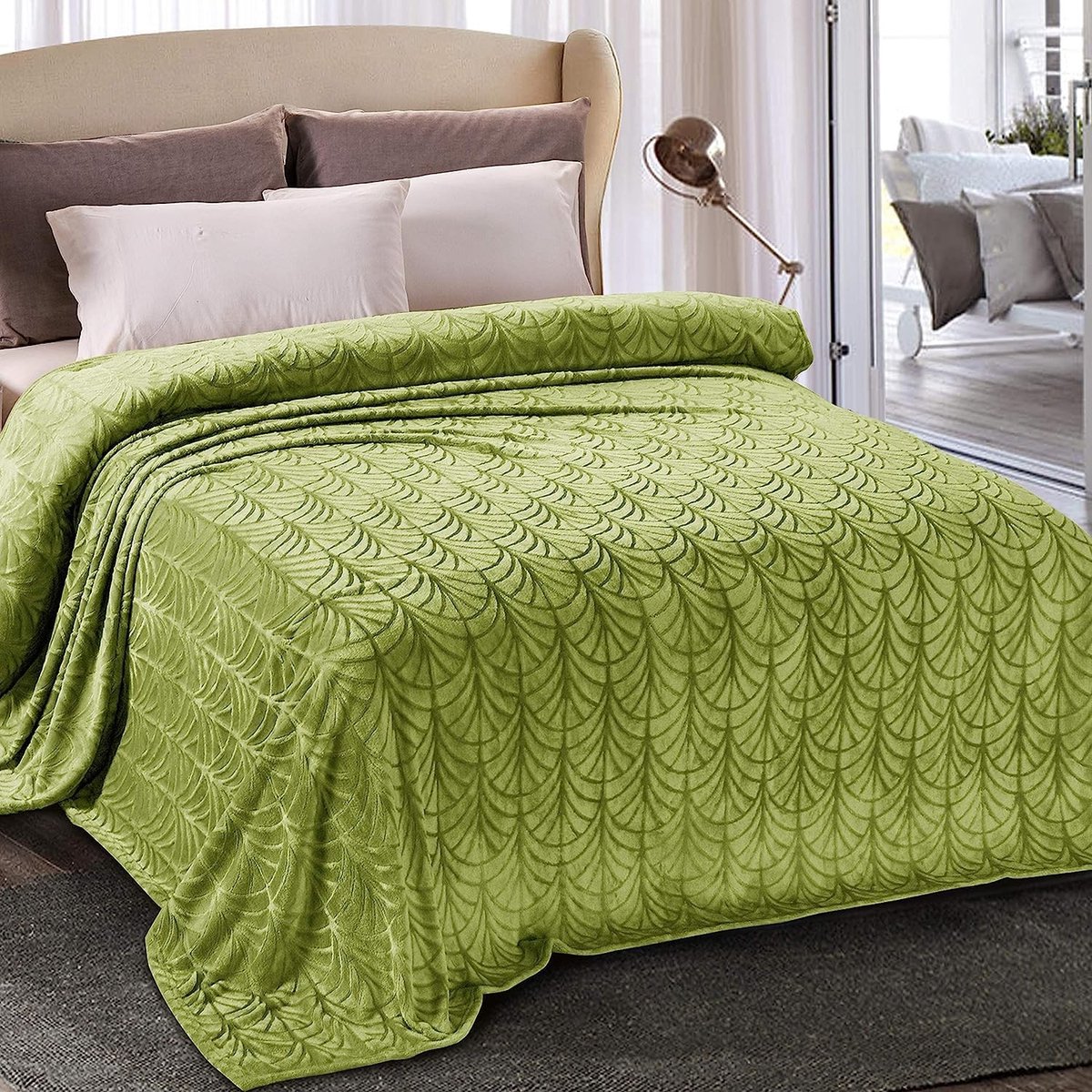 Omgoods - Fleece Dekbed 220 x 240 cm - Olijf Groen met Bladpatroon