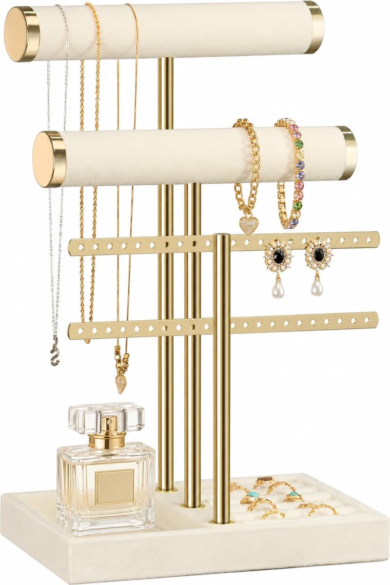 Omgoods - Beige Juwelen Organizer met 3 Niveaus - Sieradenstandaard voor Armbanden, Kettingen, Ringen en Horloges