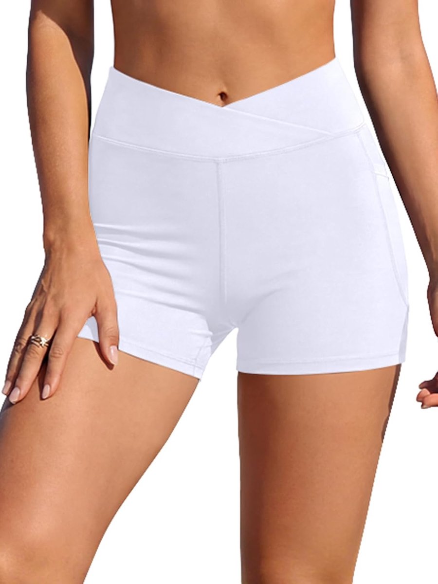 Shorts met hoge taille voor dames, zwembroek met V-kruis-boyshort, zwembroek met zakken