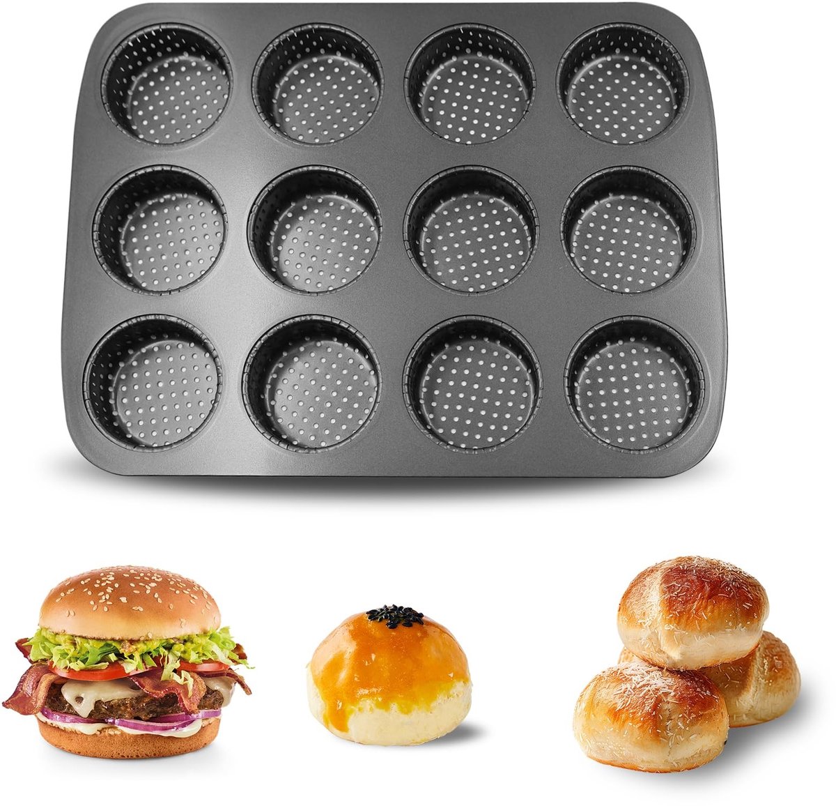 Omgoods- Hamburgerbroodje Antiaanbakvorm - Bakvorm 12 Koppen - Bakvorm Koolstofstaal - Duurzaam Keukengerei - Hoogwaardige Bakervaring - Praktisch en Esthetisch Design
