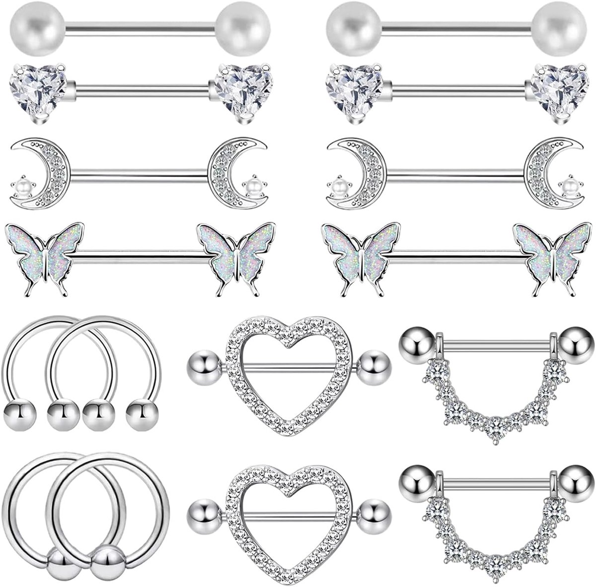 8 stuks tepelpiercings, tepelpiercing, sieraden, chirurgisch staal, barbells, roestvrij staal, tongpiercing (zilver)