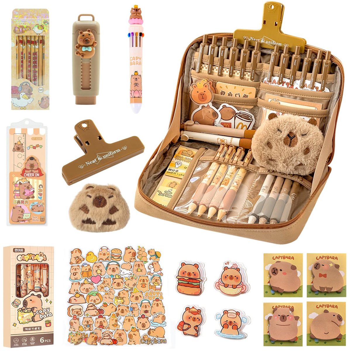 Omgoods - Grote Capaciteit Pennenblik voor Kinderen - Capybara Stationery Set - Bruin-2
