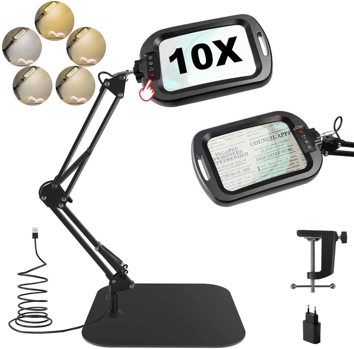 Omgoods - 10X Tafel Vergrootglas met Licht - Handvrije Magnifying Lamp