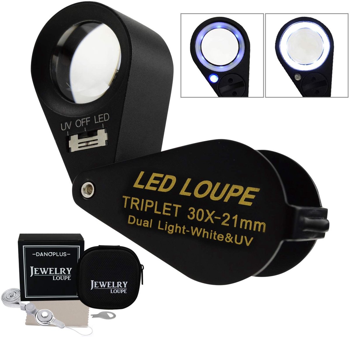 Omgoods - 30x Vergrootglas met LED en UV Licht - Optisch Glas Pocket Vergrootglas voor Juwelen en Munten