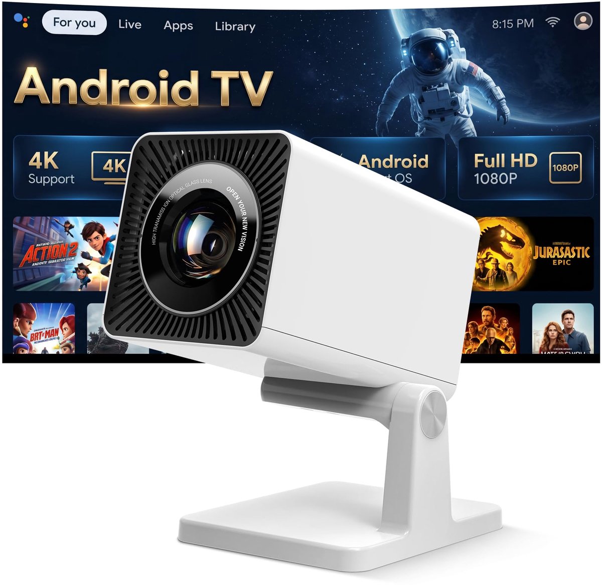 SnelShoppen - Smart Beamer 4K-decodering met 2 GB RAM, 16 GB ROM, ingebouwde streaming-apps, WiFi 6, Bluetooth 5.4, automatische beeldcorrectie, optis