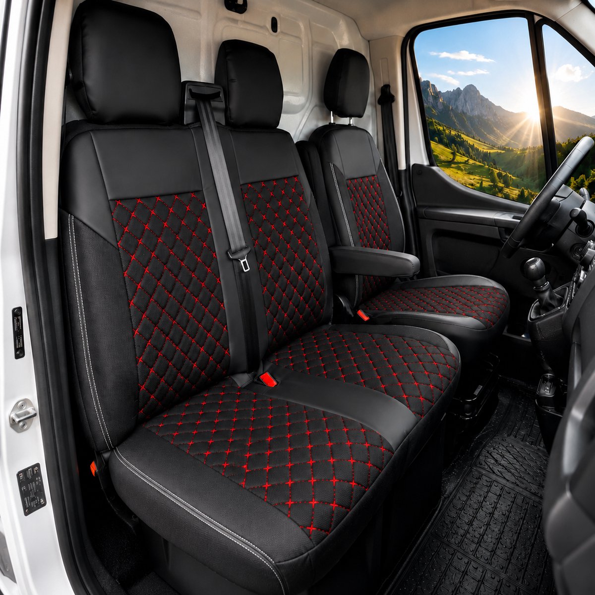 Stoelhoezen Ford Transit Custom Mk1 pre-facelift - Set 2+1 - Rode stiknaden - AIM