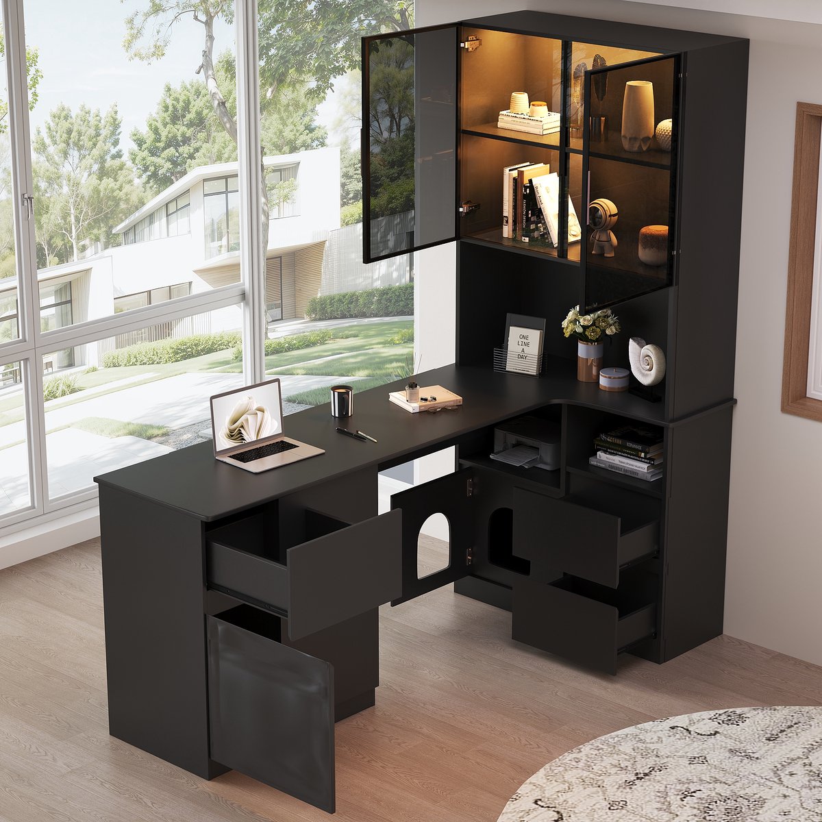 Hoekbureau 120x80x180 cm met boekenplank - vitrinekast met LED-verlichting - 3 lades - open vakken en huisdierenvak - zwart