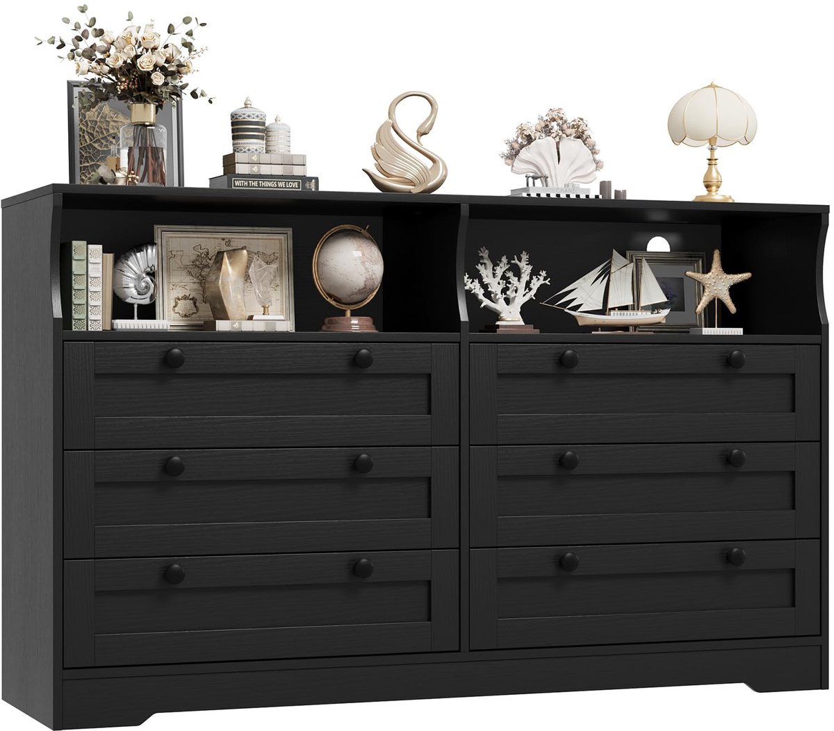 Moderne Ladekast met LED Verlichting en Stopcontacten – 6 Laden Dressoir 140 cm Breed, RGB Licht, USB Oplaadstation, MDF Houten Comodewagen, geschikt als TV Meubel voor Slaapkamer, Woonkamer – Zwart