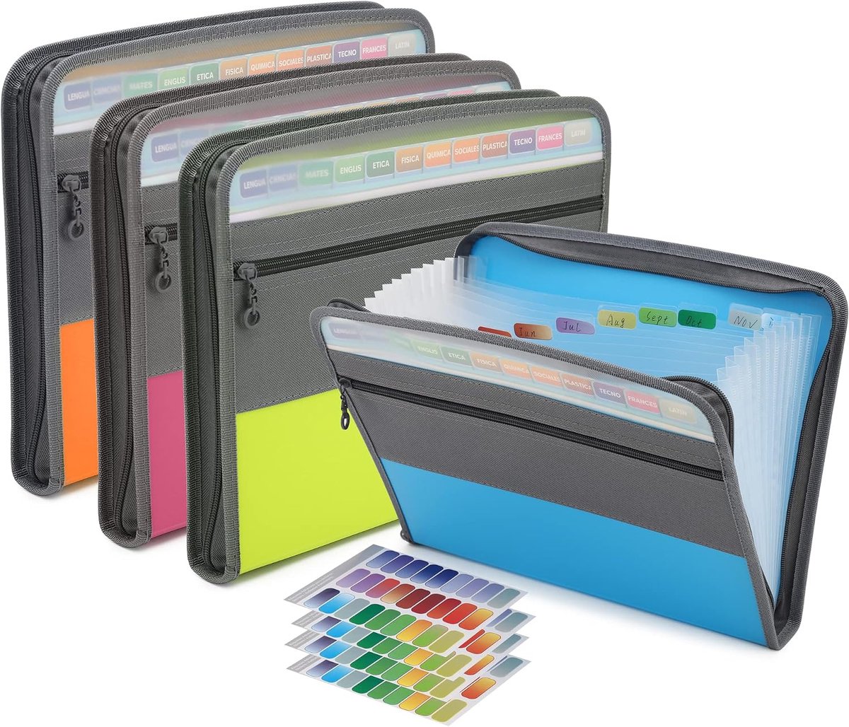 Sorteermap - Projectmap - A4 Documentenmap met 13 Vakken - Set van 4 Documentenmappen met Ritssluiting - Inclusief Kleurrijke Labels - Waterdichte Uitbreidbare Document Organizer voor Kantoor, School en Thuis