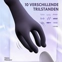 Close-up van een donkerpaarse vibrator in handvorm, toont 10 verschillende trilstanden. "10 VERSCHILLENDE TRILSTANDEN"