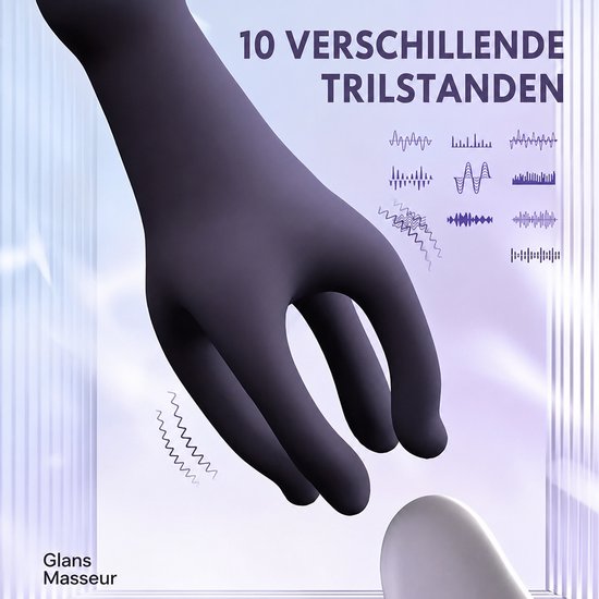 Close-up van een donkerpaarse vibrator in handvorm, toont 10 verschillende trilstanden. "10 VERSCHILLENDE TRILSTANDEN"