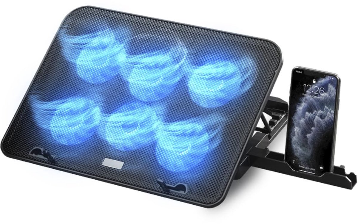 Laptop Koeler Stand - Cooling Pad voor 12-17 Inch Laptops - Met 6 Stille Ventilatoren en Blauwe LED Verlichting - Verstelbare Hoogte met 5 Standen - Snelle Warmteafvoer voor Gaming Laptop, Notebook en PC - 2 USB Poorten - Zwart