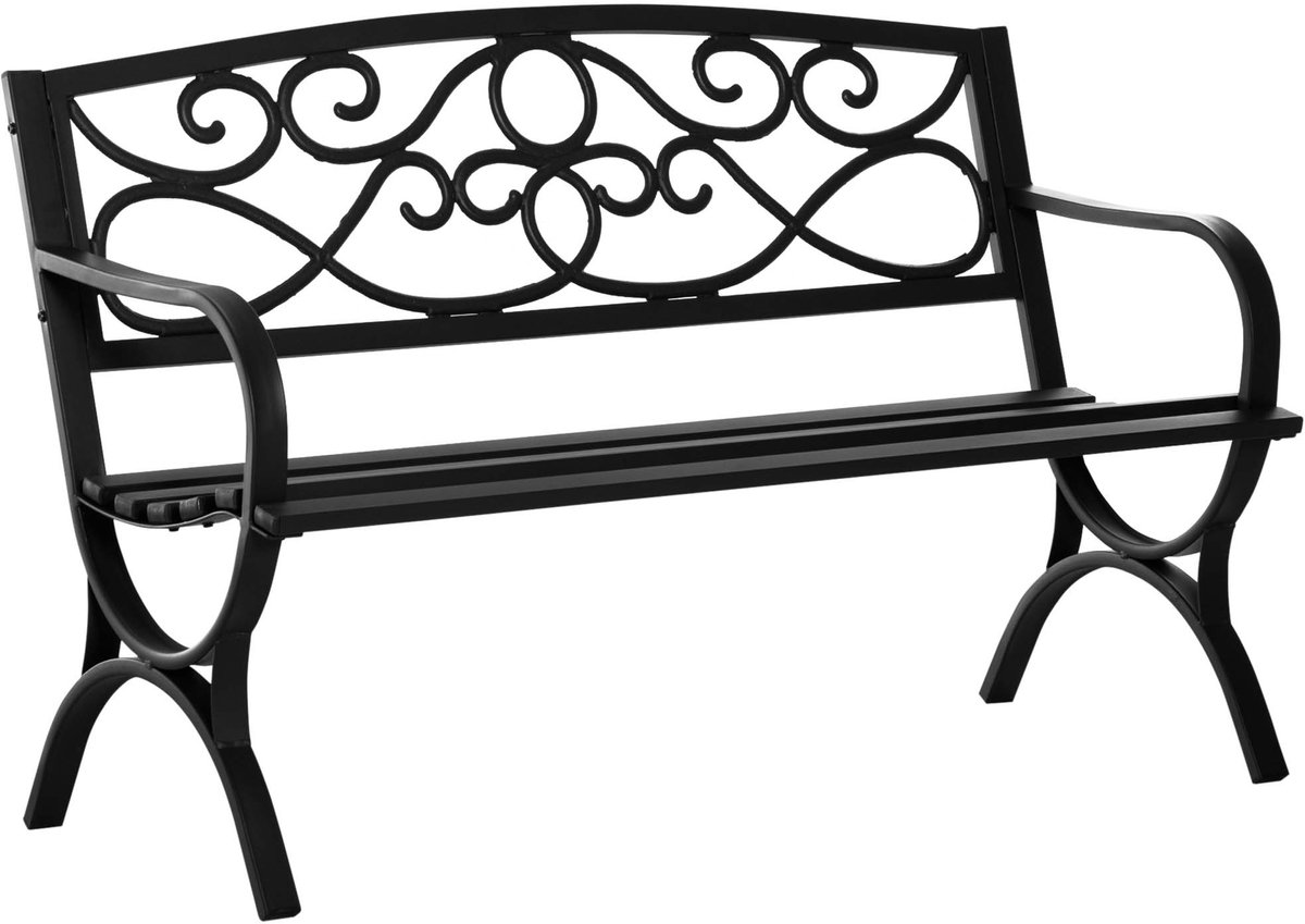 Tuinbank 2-persoons 128x58.5x85 cm zwart met armleuningen hellende rugleuning en gebogen lattenzitting rankenpatroon decoratie stevig en duurzaam metalen frame draagvermogen 240 kg eenvoudig te monteren en reinigen geschikt voor terras en tuin