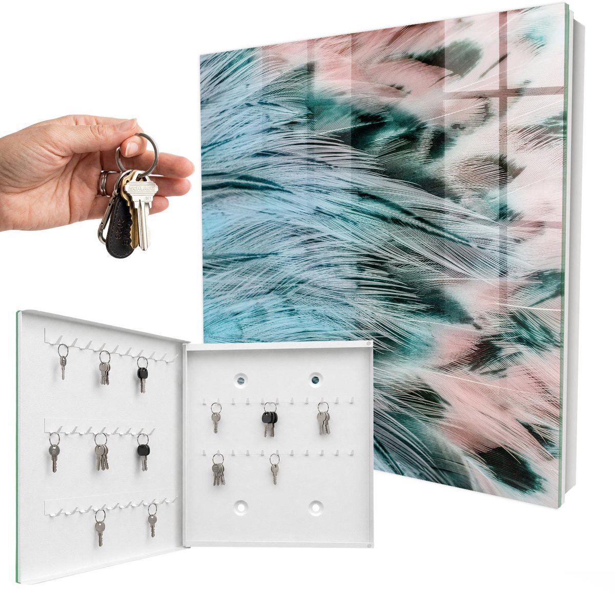 WallMuralia - Sleutelkast - 30x30x5 cm - met 50 haken - Pastelkleurige Veren Leuk Sleutelkastje - Blauw Sleutelbox - Linksopenend - Wit interieur