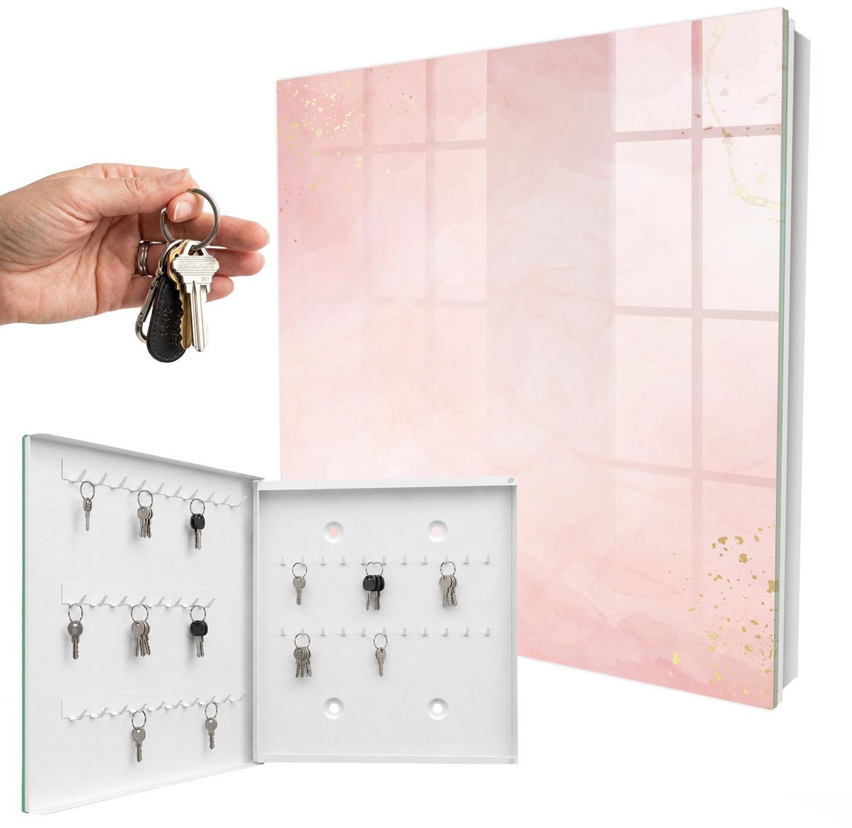 WallMuralia - Sleutelkast - 30x30x5 cm - met 50 haken - Pastel Elegantie Sleutelkastje Klein - Roze Sleutelbox - Linksopenend - Wit interieur