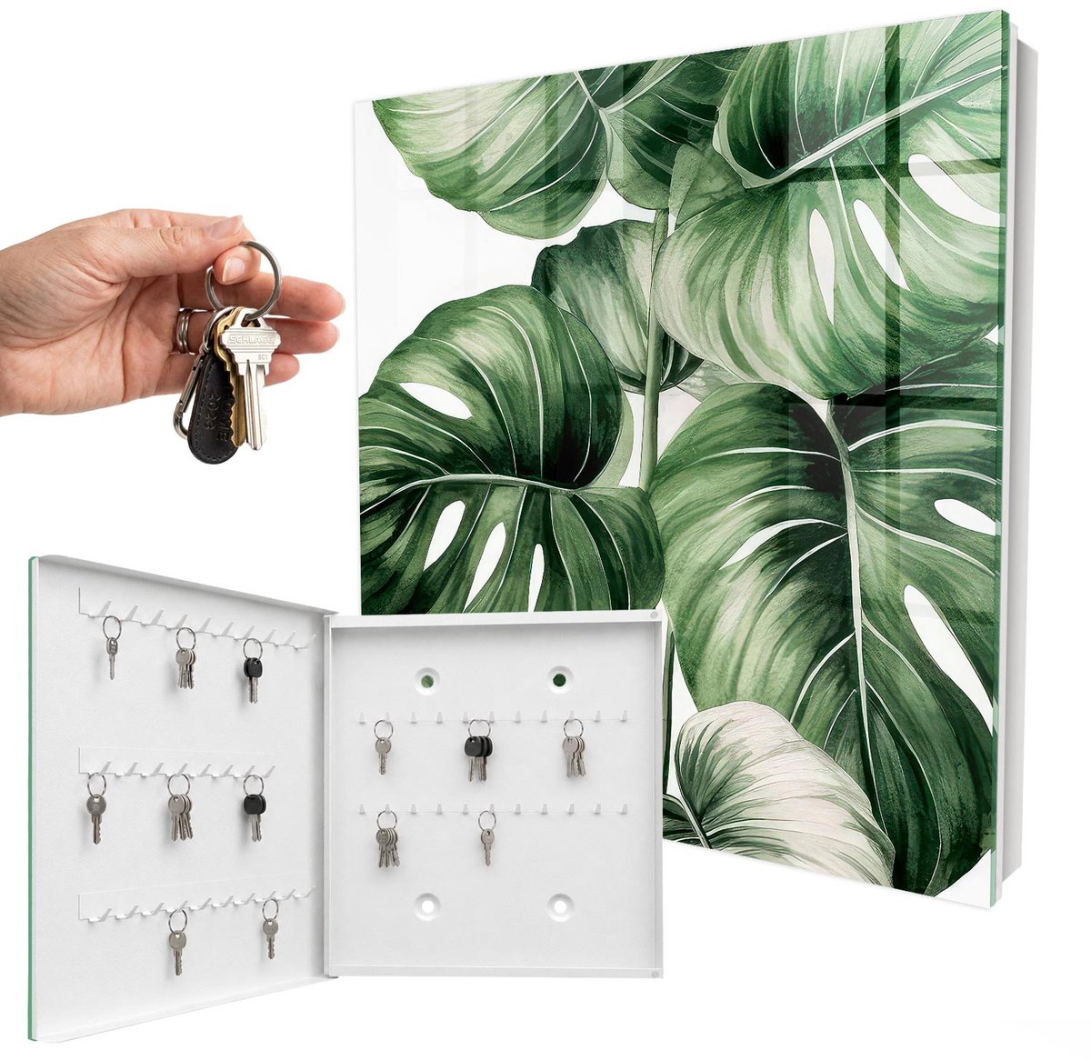 WallMuralia - Sleutelkast - 30x30x5 cm - met 50 haken - Groene Bladeren Sleutelkastje Muur - Groente Sleutelbox - Linksopenend - Wit interieur
