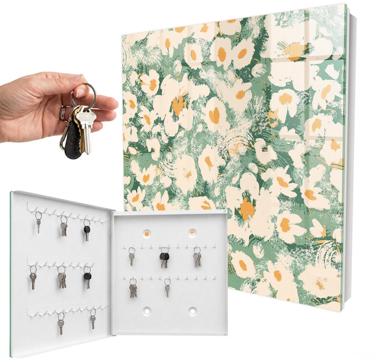 WallMuralia - Sleutelkast - 30x30x5 cm - met 50 haken - Bloemenpatroon Sleutelkastje Hal - Groente Sleutelbox - Linksopenend - Wit interieur