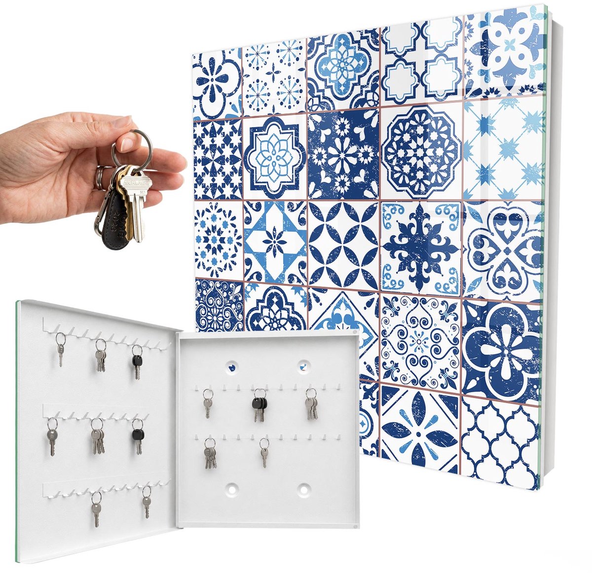 WallMuralia - Sleutelkast - 30x30x5 cm - met 50 haken - Blauwe Tegels Sleutelkastje Muur - Blauw Sleutelbox - Linksopenend - Wit interieur