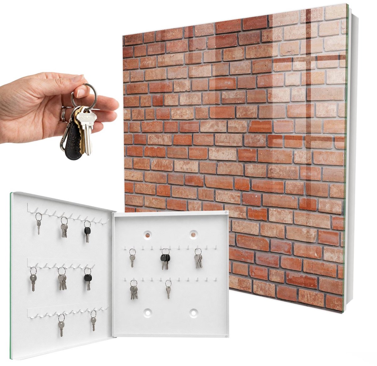 WallMuralia - Sleutelkast - 30x30x5 cm - met 50 haken - Bakstenen Muur Sleutelkastje - Bruin Sleutelbox - Linksopenend - Wit interieur