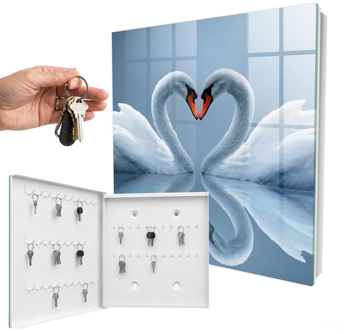 WallMuralia - Sleutelkast - 30x30x5 cm - met 50 haken - Zwanenliefde Sleutelkastje Binnen - Wit Sleutelbox - Linksopenend - Wit interieur