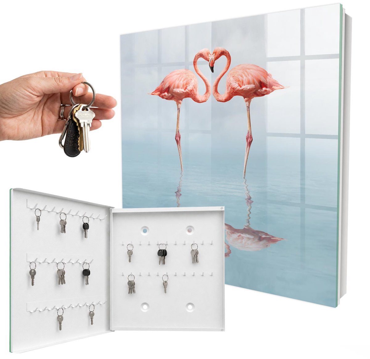 WallMuralia - Sleutelkast - 30x30x5 cm - met 50 haken - Flamingo'S Zijn Dol Op Leuk Sleutelkastje - Roze Sleutelbox - Linksopenend - Wit interieur