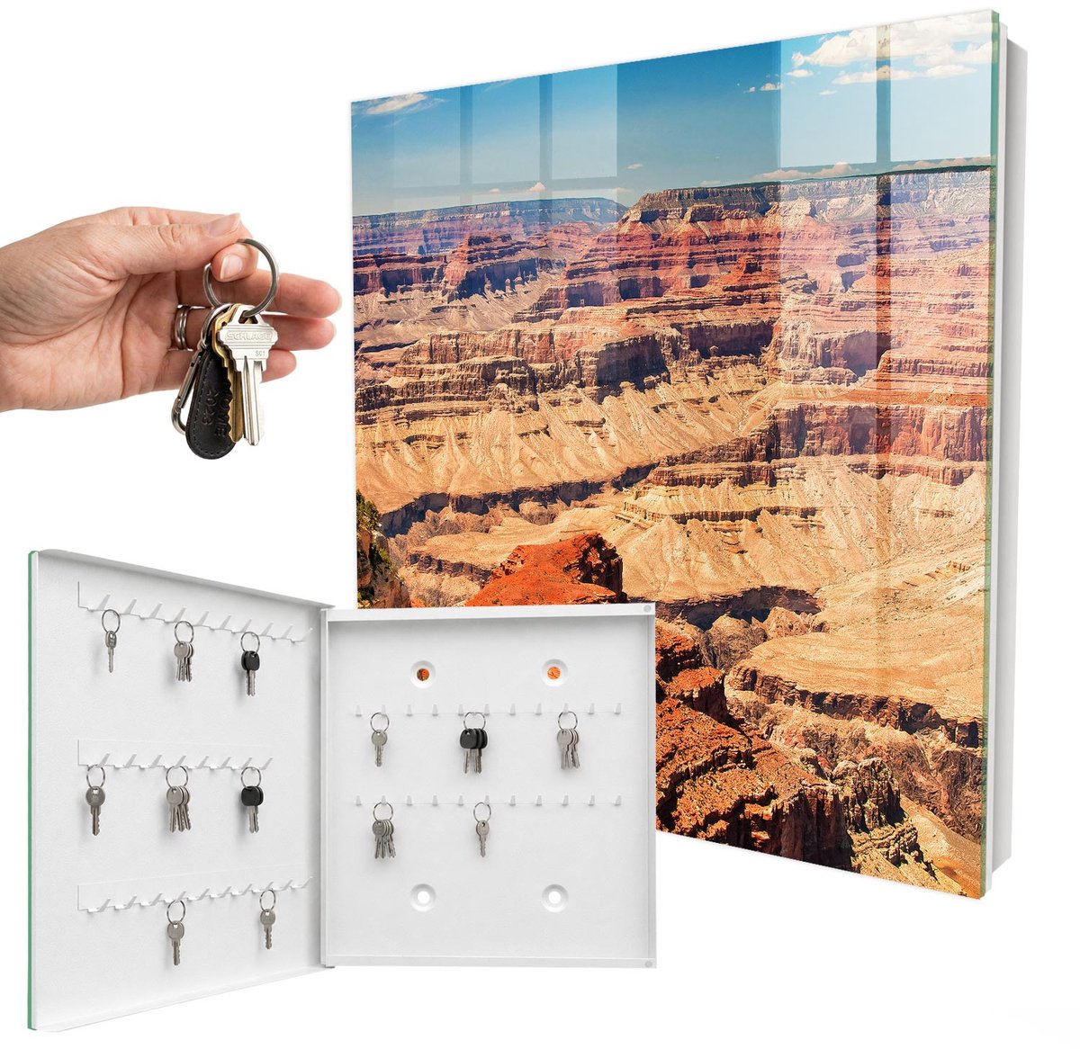WallMuralia - Sleutelkast - 30x30x5 cm - met 50 haken - Steen Schoonheid Sleutelkastje Binnen - Geel Sleutelbox - Linksopenend - Wit interieur