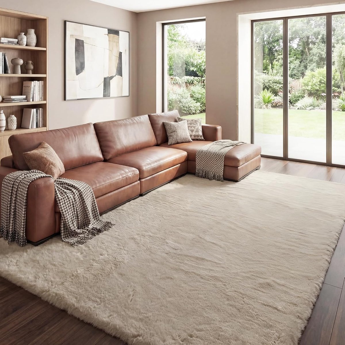 SnelShoppen - Luxe Fluffy Vloerkleed 180 x 270 cm Beige - Zacht Kunstbont met Konijnenbont Look voor Woonkamer, Slaapkamer, Kinderen en Decoratie