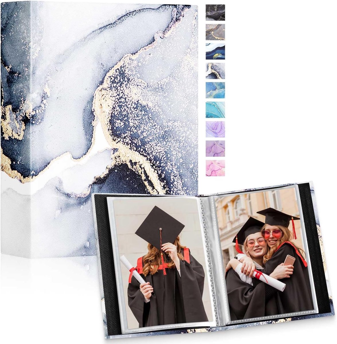 SnelShoppen - Mini Fotoalbums 6x4 inch Set van 2 Stuks, 50 Foto's Per Album, Leer met Marmerpatroon, Geschikt voor Familie, Kinderen, Baby's, Zwart
