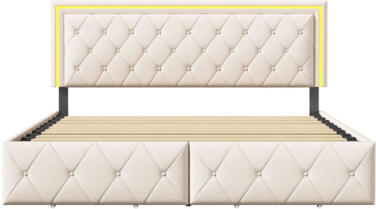 Happiq Gestoffeerd Tweepersoonsbed 140x200 cm Beige - met LED Verlichting, Opbergruimte