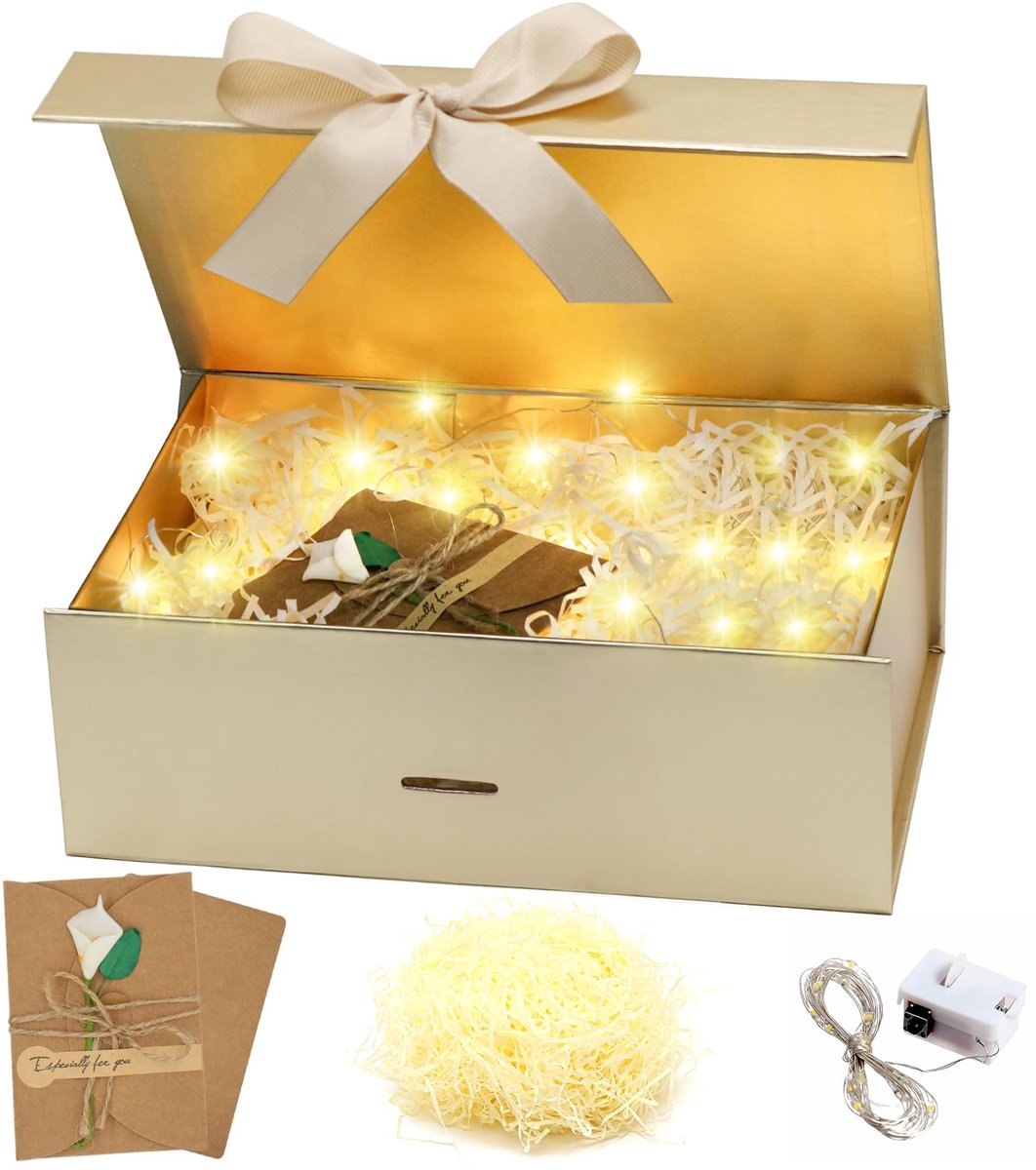 SnelShoppen - Gouden Geschenkdoos met Magnetisch Deksel en Strik, 33 x 25 x 12,5 cm, Luxe Cadeauverpakking voor Bruiloft, Verjaardag, Feest met Rafia