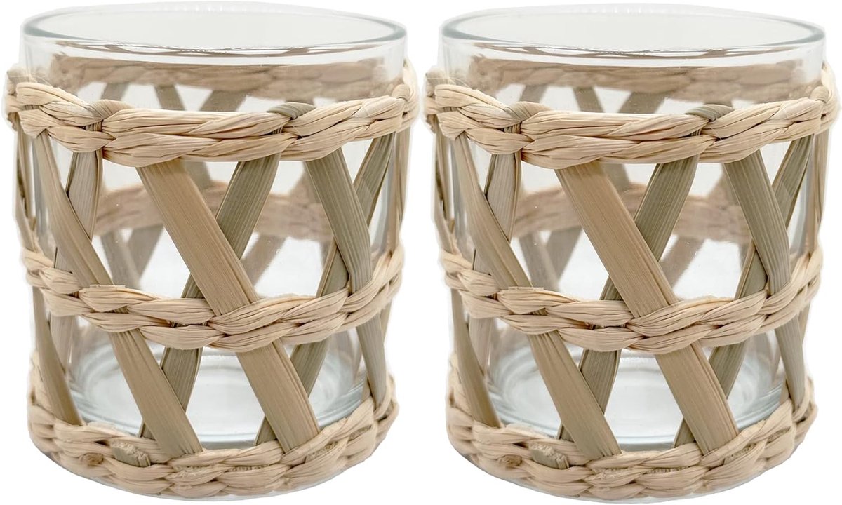 SnelShoppen - Rieten Theelichthouder Set van 2 - Natuurlijke Zeegras Handgeweven Votive Theelichthouder, Decoratieve Coastal Boho Strandhuis Votive Th