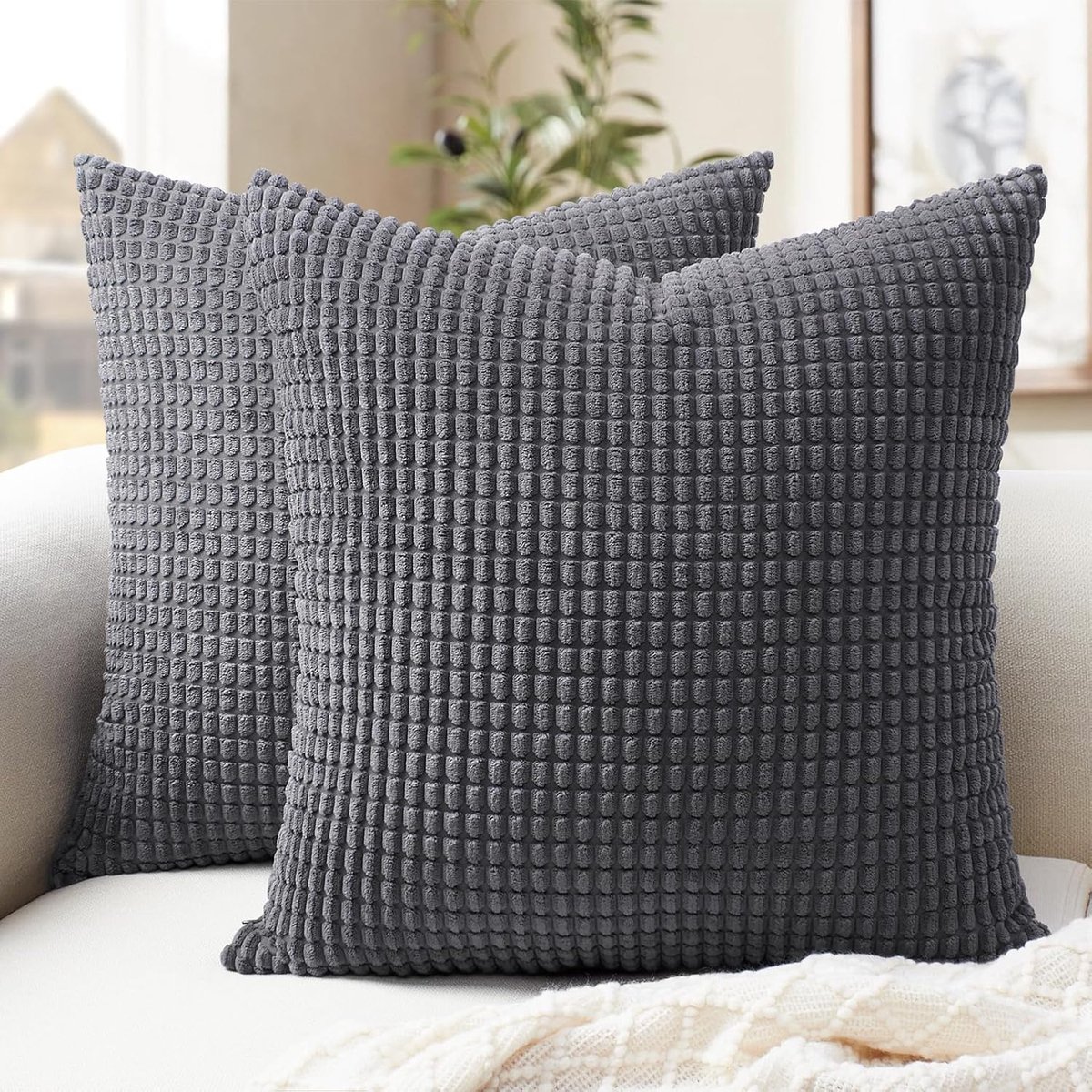 SnelShoppen - Softalker Kussenhoezen 40x40 Donkergrijs 2 Stuks Corduroy Decoratieve Kussens voor Bank, Woonkamer, Slaapkamer, Kantoor, Winter, Kerst