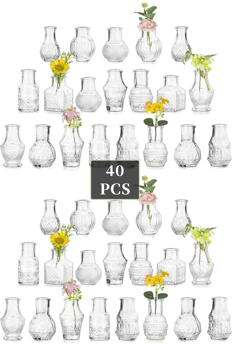 SnelShoppen - Glazen Mini Vaasjes Set van 40 voor Tafelversiering - Kleine Decoratieve Vazen voor Bruiloften, Eettafels en Thuisgebruik - Perfect voor