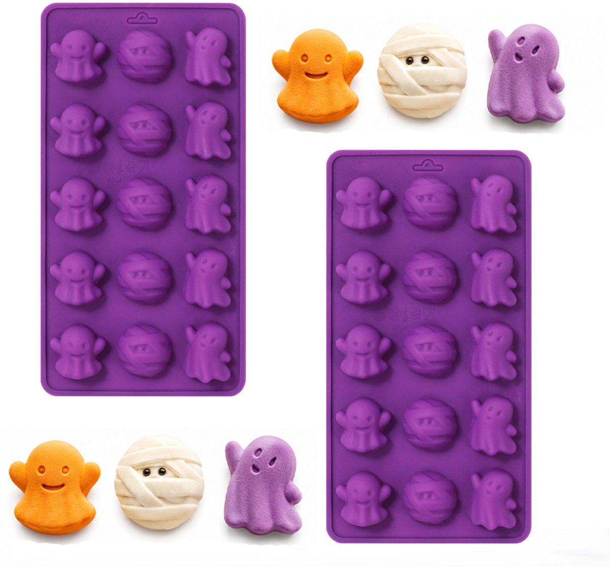2-stuks Spookvormige chocoladevorm - Halloween siliconen mal - Siliconen mal - Moussevorm - Taartvorm - Vorm - 15 gaten - 20*10,5*1,6 cm - Geschikt voor snoepjes, gummisnoepjes, gelei, wax, zeep, enz. - Paars