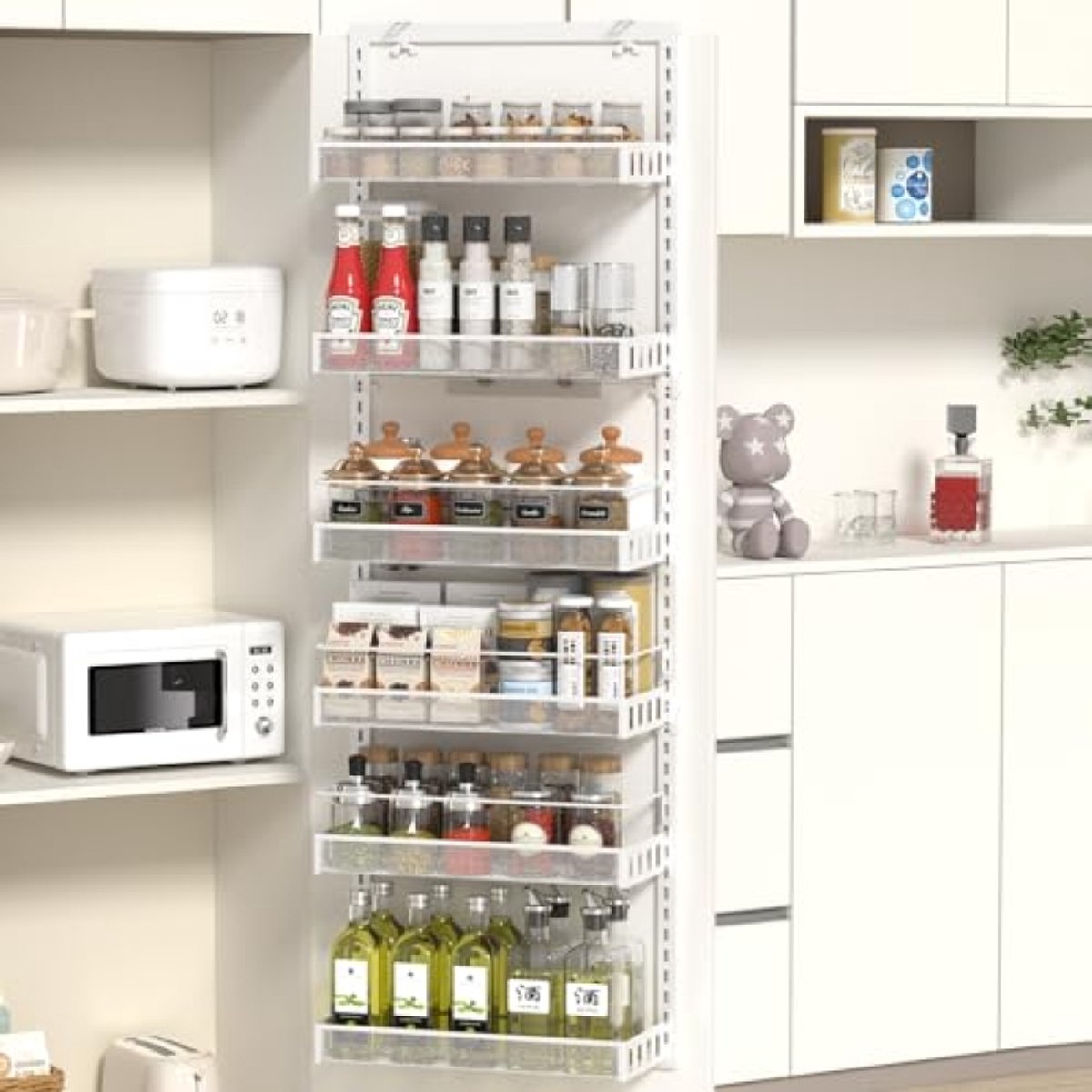 Deurrek met 6 Verstelbare Niveaus, Organizer voor Deur en Voorraad, Elke Plank Met Hanghaak - Metalen Kruidenrek voor Keuken, Voorraadkast, Badkamer - Kleur Wit