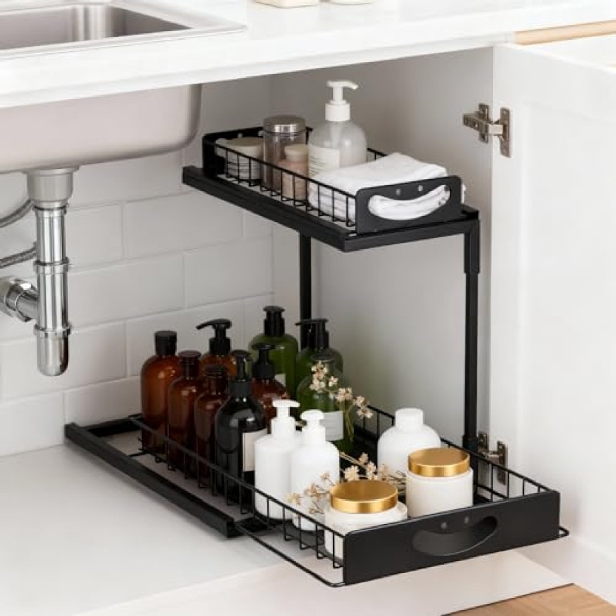 Huis Geluk Opbergrek onder Gootsteen 2 Niveaus L-vorm Metaal Zwart 36x28x33 cm Schuiflade