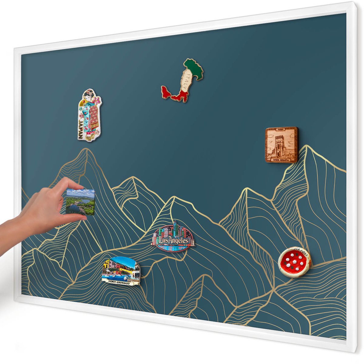 Artprintcave Blauw Magneetbord mit Witte Lijst - 100x70 cm - Bergminimalisme Magneetbord Voor Foto's - Minimalist Magnetisch Bord Voor Magneten - Landschappen