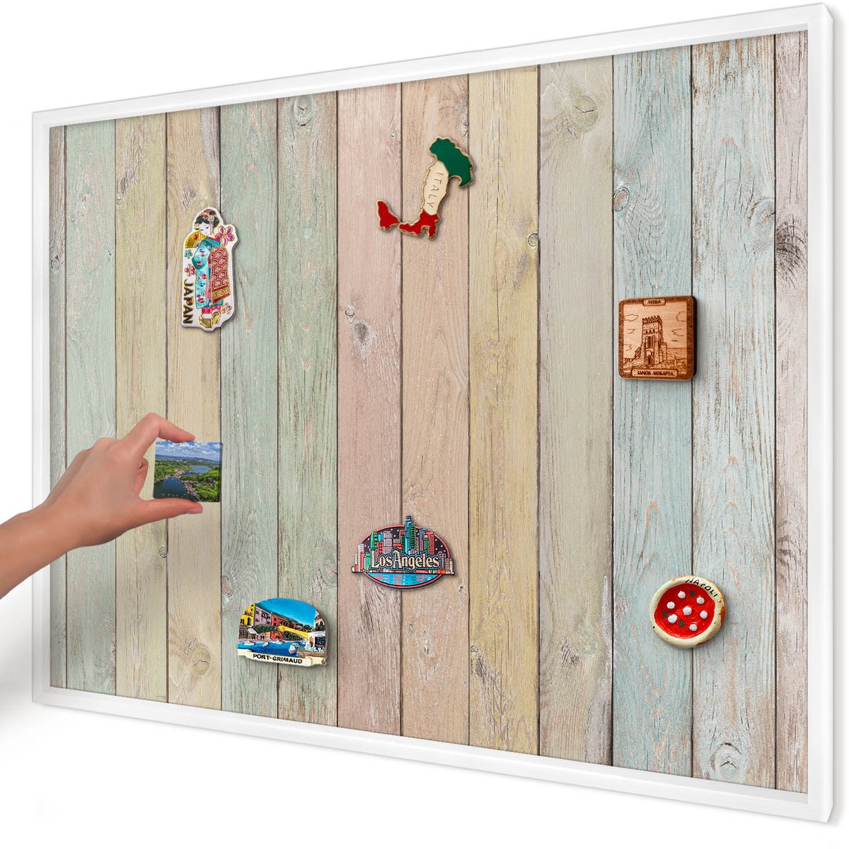 Artprintcave Groente Magneetbord mit Witte Lijst - 100x70 cm - Rustieke Planken Magnetisch Bord Voor Magneten - Rustiek Magneet Bord mit Frame - Texturen