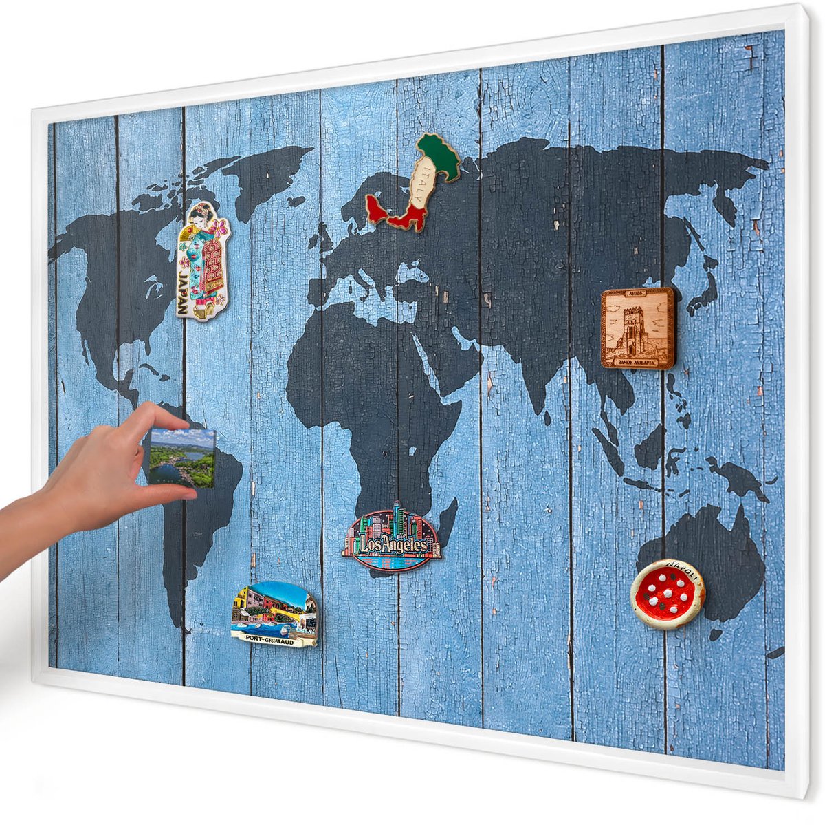 Artprintcave Blauw Magneetbord mit Witte Lijst - 100x70 cm - Wereldkaart Magnetisch Bord - Rustiek Magnetisch Bord Voor Magneten - Kaarten