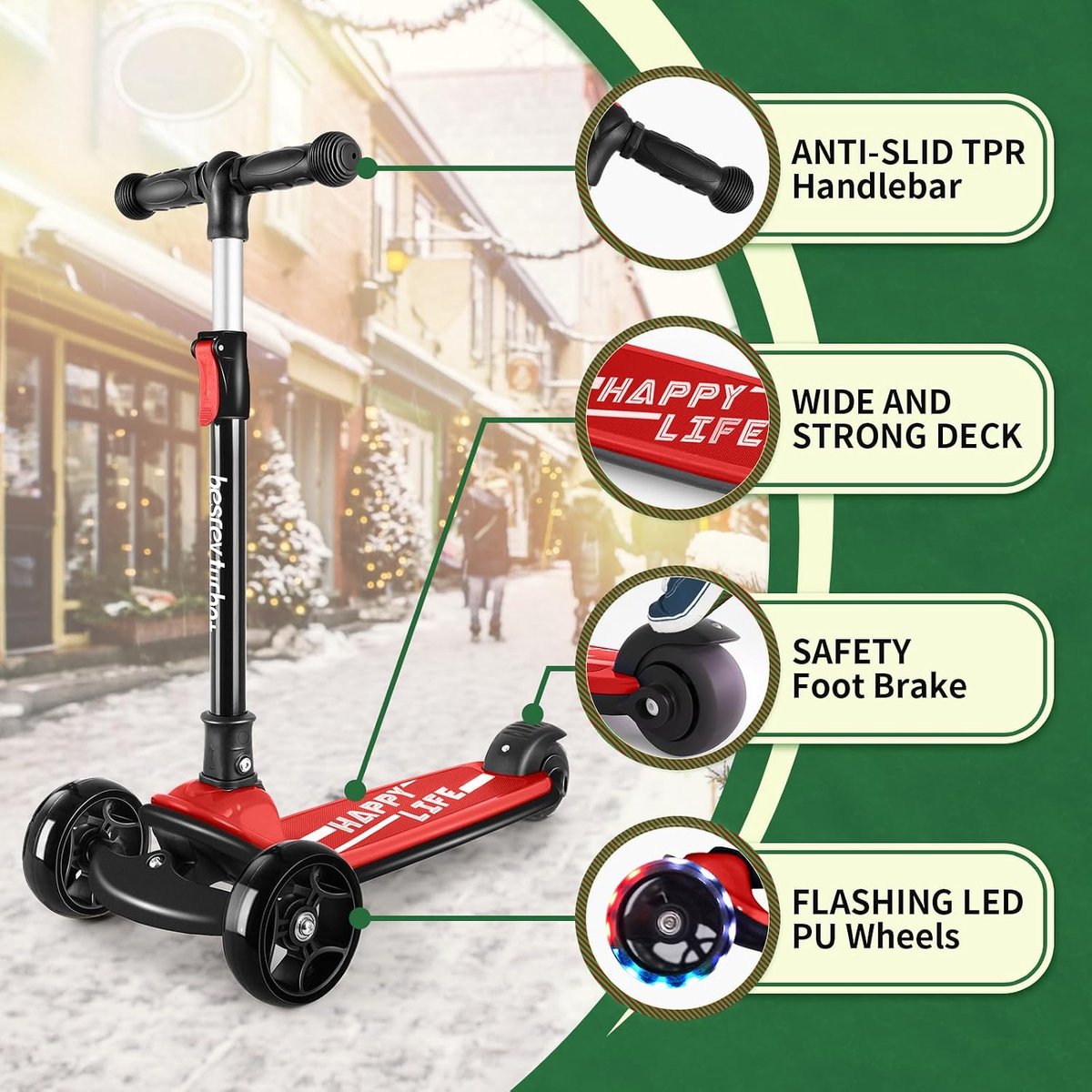 besrey Big Wheels Kinderstep, opvouwbare step met knipperende ledverlichting voor jongens en meisjes, 4 standen in - ShopVlot