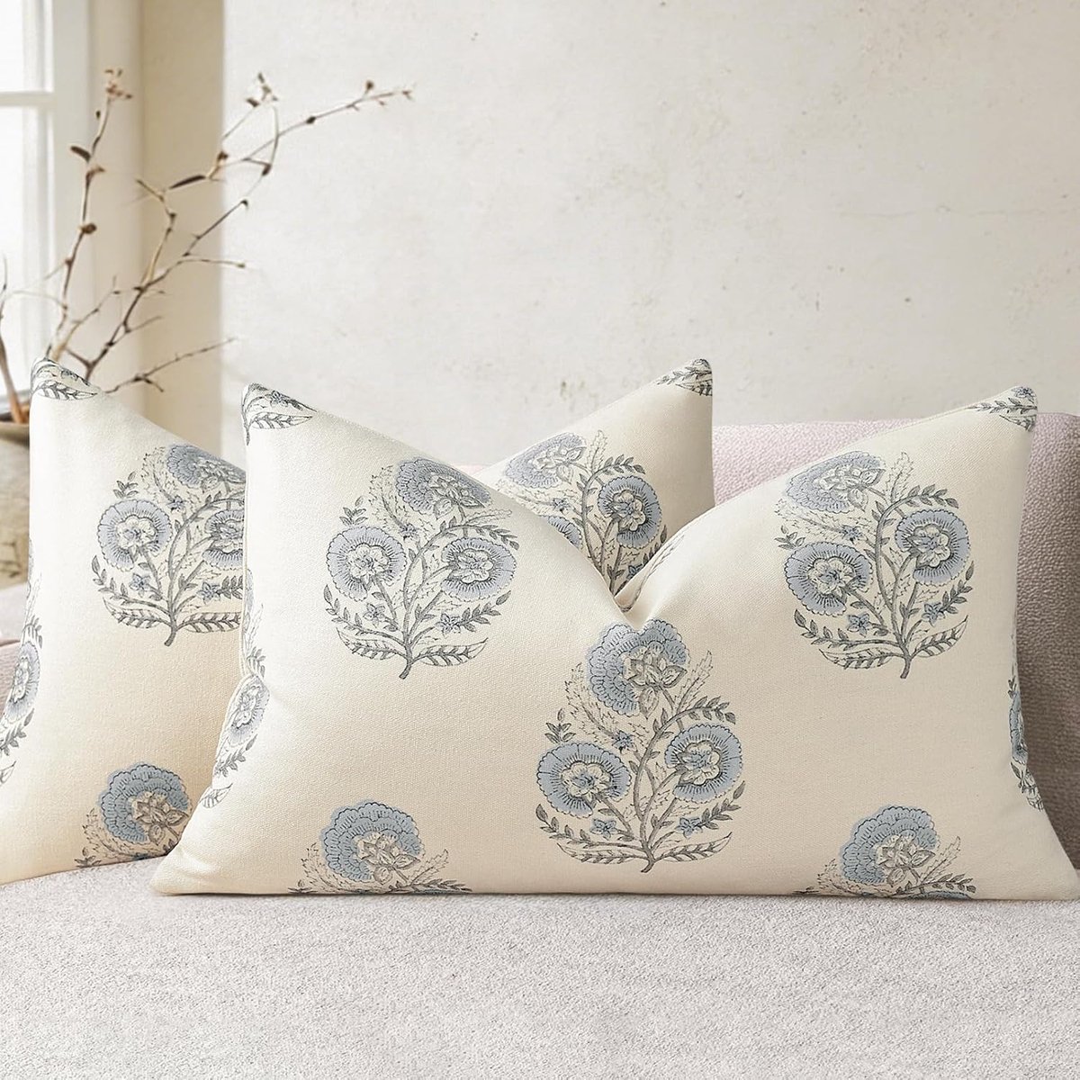 SnelShoppen - Vintage Bloemendruk Kussenhoezen Set van 2 - Modern Design Decoratiekussens voor Bank Fauteuil Stoel Bed - Lichtblauwe Katoenmix 30x50