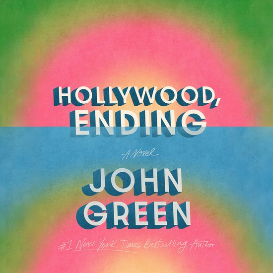 Couverture du livre "HOLLYWOOD, ENDING" en lettres blanches avec ombre bleue sur fond rose, bleu et vert.